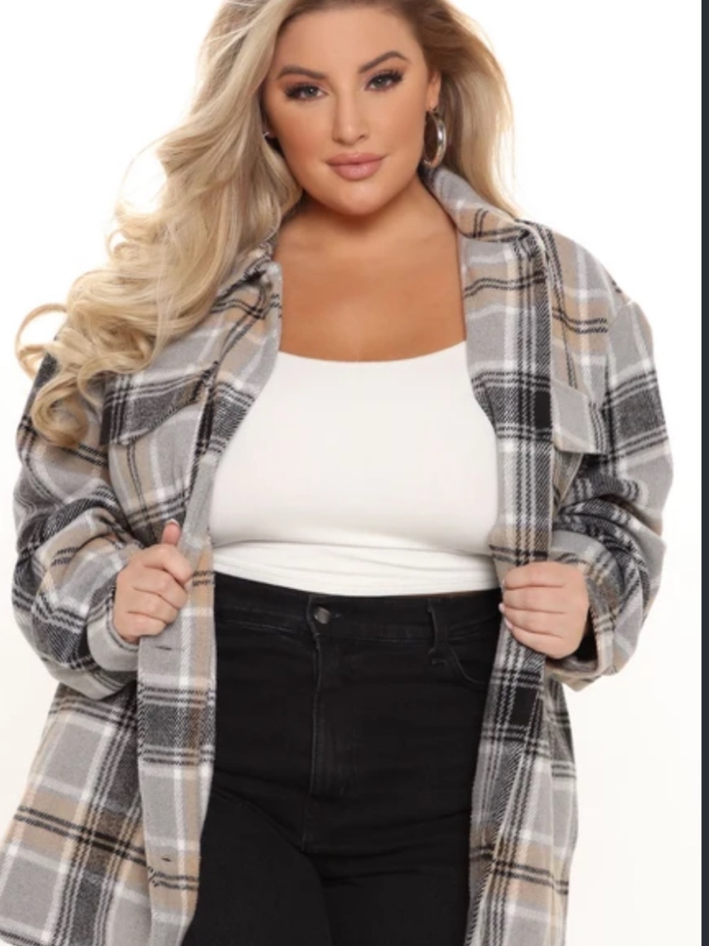 Fashion Nova Plaid Utility Shacket Plus Size 1X Wool Blend Grey Cabin Core Cozy